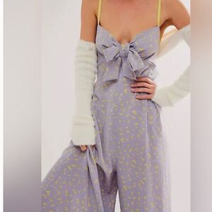 NWT Free People Coming Home Playsuit Romper Sky Blue Yellow Combo